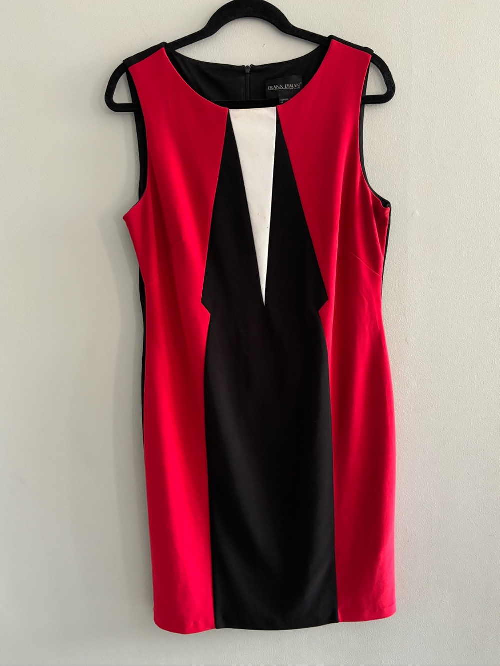 Frank Lyman Design Black White Red Art Deco Colorblock Lined Knit Dress Size 16